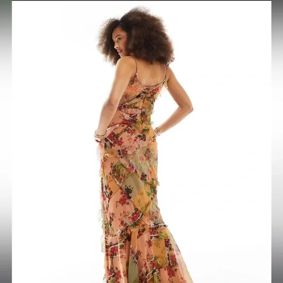 ASOS DESIGN cami bias maxi dress with ruffles patched lace in mixed floral print - Picture 4 of 6